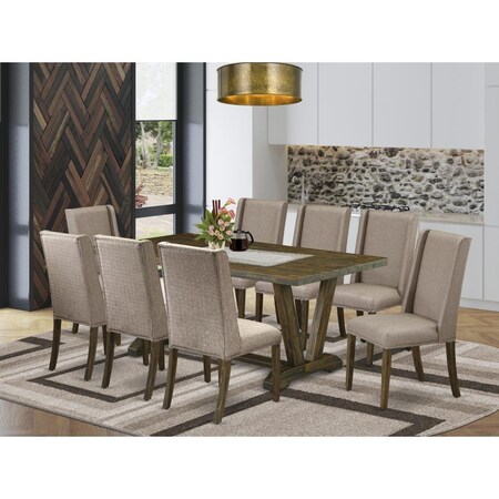 East West Furniture 9 Piece V-Style Modern Dining Table Set - Dark Khaki V777FL716-9